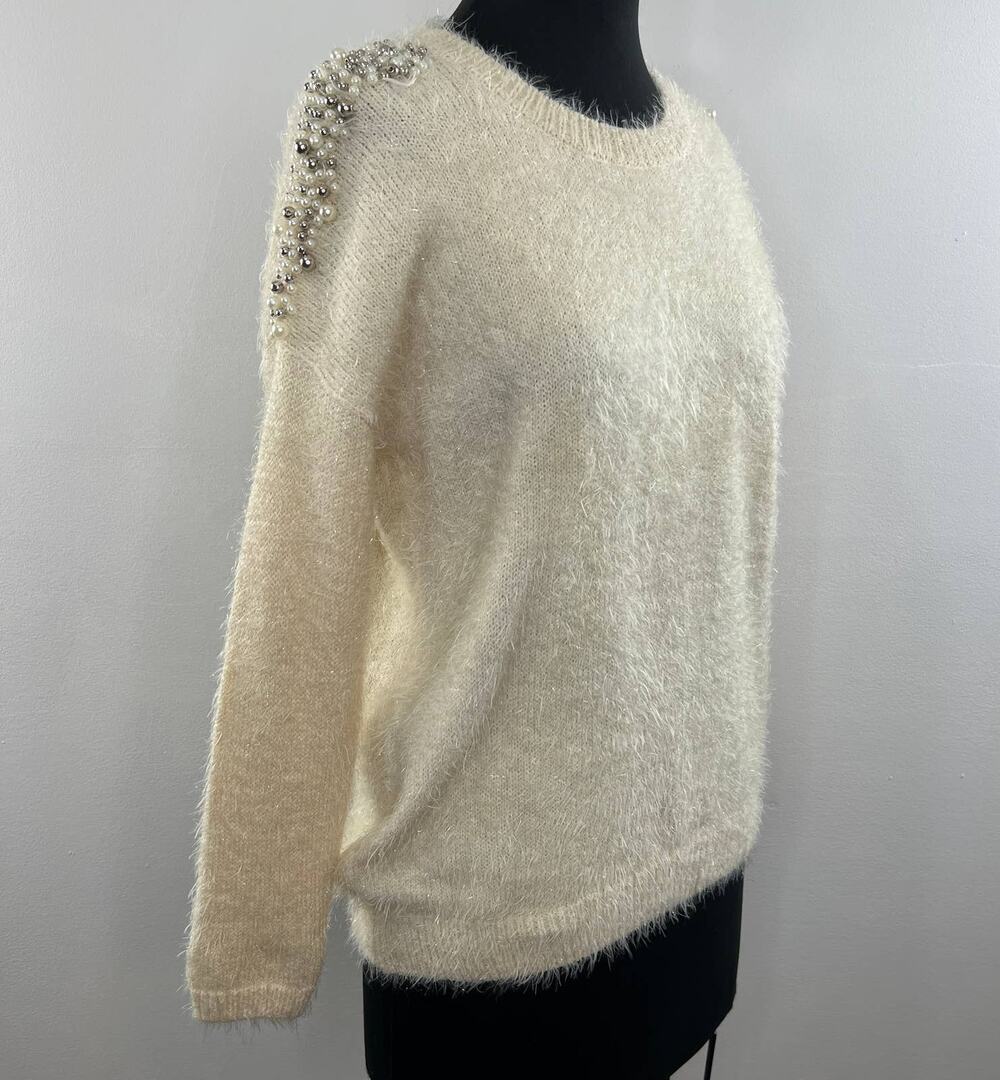 KATSUM Cream Long Sleeve Pearl Beaded Shoulder Fuzzy Knit Pullover Sweater Sz L
